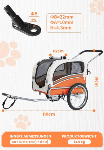 XL Hundefahrradanhänger, 2 in 1 faltbarer Anhänger mit Feststellbremse, maximale Belastung 40 kg – Bild 3