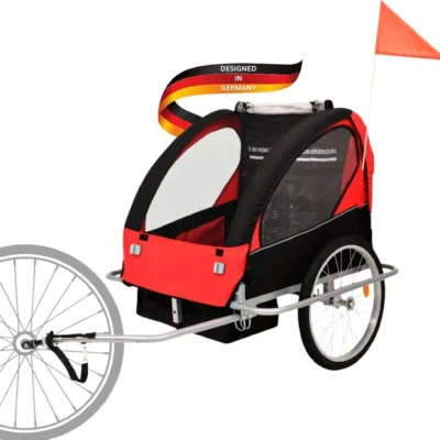 Fahrradanhänger für 2 Kinder ELITE DELUKE® schwarz/rot | 40kg belastbar | inkl. Sicherheitsgurte & Seitenfenster - Kinderanhänger für Fahrrad Kinderwagen am Fahrrad
