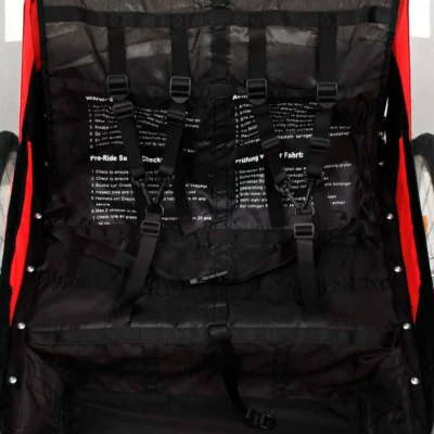 Fahrradanhänger für 2 Kinder ELITE DELUKE® schwarz/rot | 40kg belastbar | inkl. Sicherheitsgurte & Seitenfenster - Kinderanhänger für Fahrrad Kinderwagen am Fahrrad – Bild 3